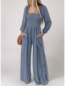 Women's Casual Loose Overalls Jumpsuits Long Sleeve Wide Leg Long Pant Rompers With Pockets - Dusk Blue - View 2