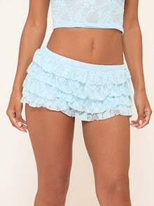 Women Lolita Bloomers Cute Ruffle Shorts Lace Pumpkin Pants Boyshorts Layered Bottoms Y2k Sweet Pettipants - Màu xanh nhạt - Xem 4