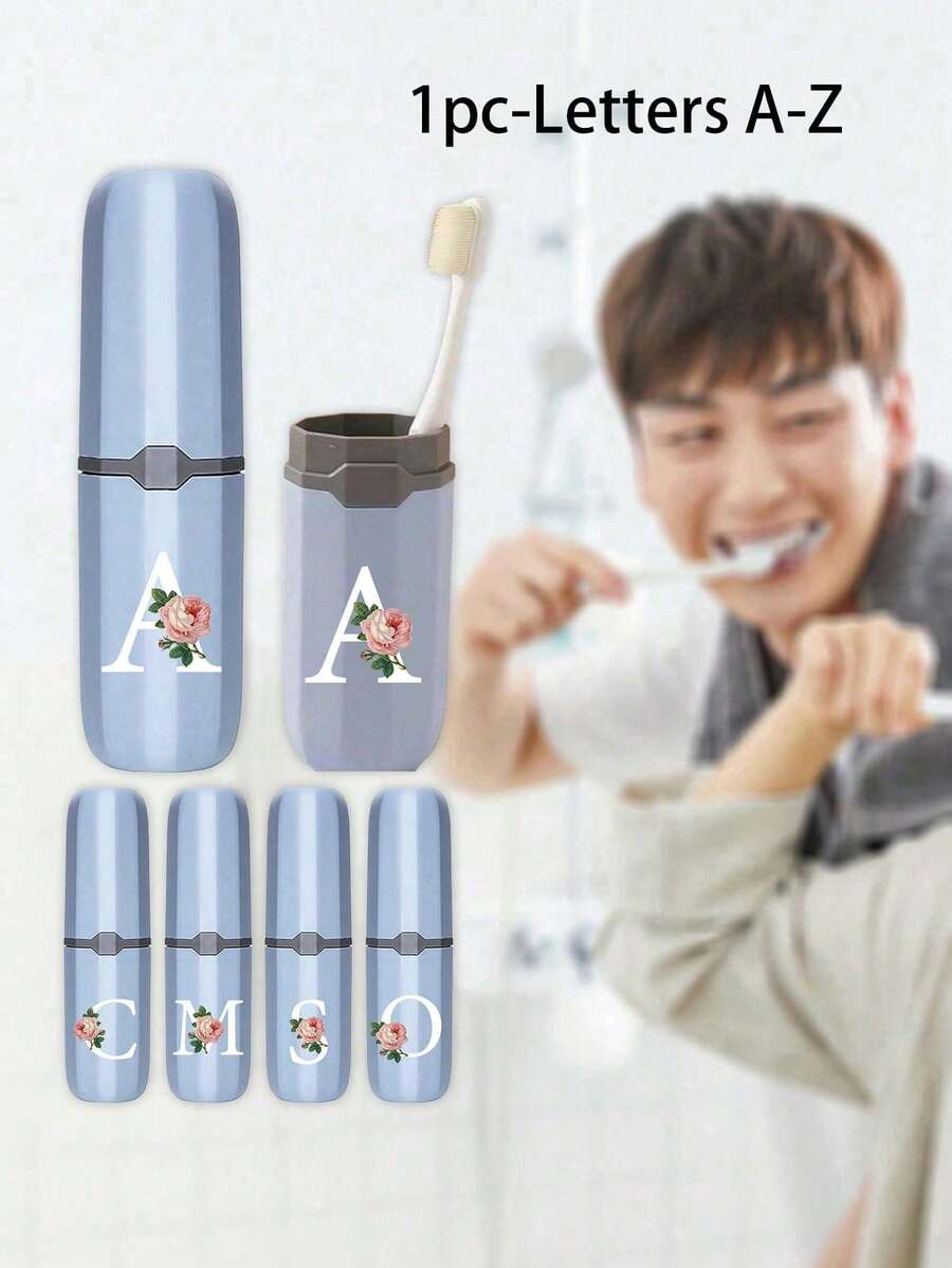 1pc Printed Rose Letter A-Z Blue Portable Toothbrush Holder, Keep Your Toothbrush Clean And Anytime, Anywhere! Travel Toothbrush Storage Box, Portable Toothbrush Cup Sleeve, Multi-Functional Toothbrush Cup, Travel Wash Cup, Toothbrush And Toiletries Storage Set, Suitable For Travel, Camping, Business Trip, School, Dorm Storage, Student Gift, Family Gift. - Blue - View 1