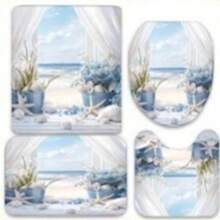 4pcs Creative Seaside Landscape Coral & Shell Patterned Shower Curtain Set, Mother's Day Gift, Decorative Home Decor, Spring/Summer, Festival Decoration, High-End Bathroom Decor Accessories, Waterproof, Machine Washable, 12 Hooks Included, Essential For Bathroom Decoration, Bath Tub Partition And Easy To Clean Design, Giving A Refreshing Bathroom Experience Bathroom Accessories - Multicolor - View 4