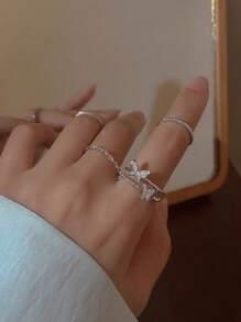 4pcs/Set Girls' Simple Design Zirconia Inlaid Open Ring, Fashionable & Versatile Jewelry - Multicolor - View 3