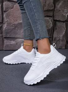 أحذية رياضية بيضاء كاجوال للنساء، لون أبيض سادة، قابلة للتنفس وعصرية، أحذية خارجية مريحة متعددة الاستخدامات للجري، مناسبة للربيع والخريف