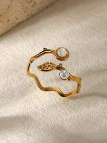 18K Gold Plated Stainless Steel Wave Leaf Zirconia Ring With Faux Pearl Decor, Fashion Green Jewelry For Women, Wedding, Holiday, Christmas Birthday Gift - Multicolor - View 6