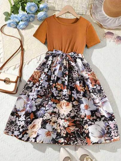 甜美女孩拼接碎花短袖休闲夏季连衣裙，碎花连衣裙礼物