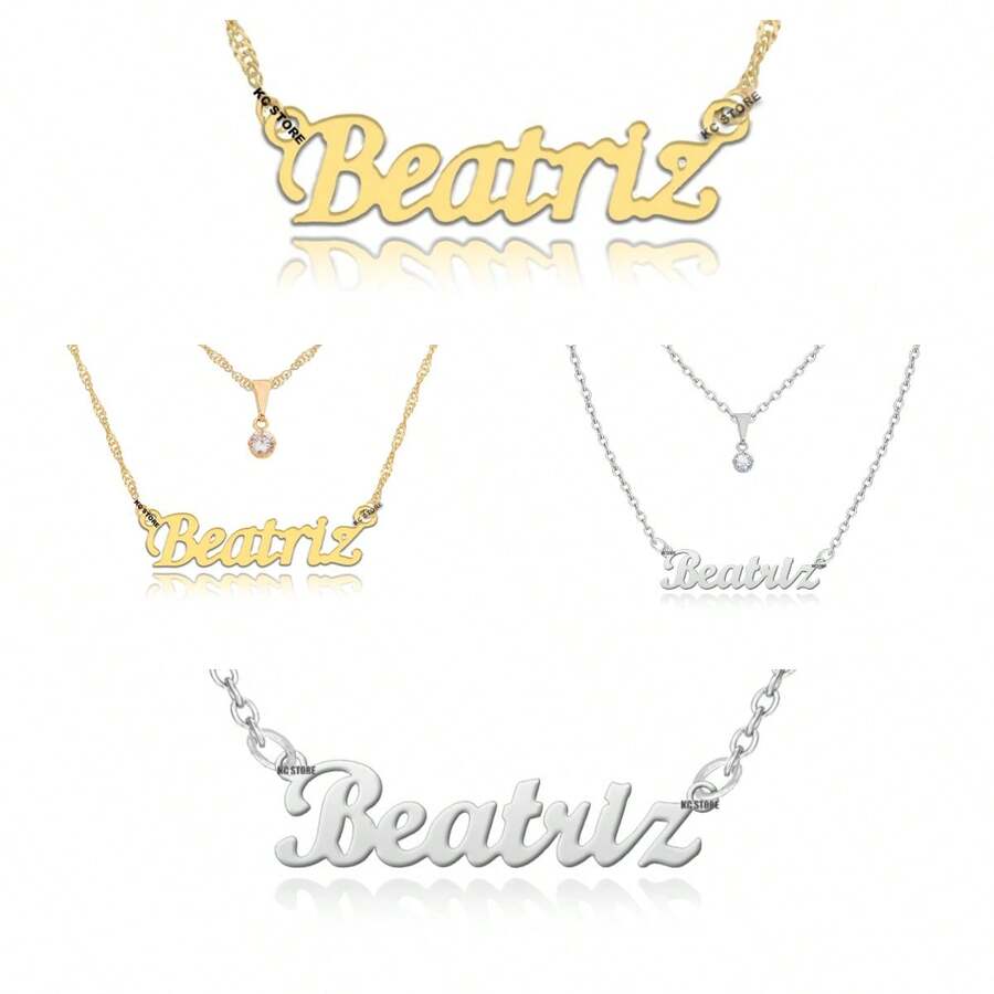 Beatriz Name Necklace Gold Plated Or Black Plated Silver In Stainless Steel Normal Letter Chain Double Double Choker With Light Point - 1 Colar Normal dourado - 查看 1