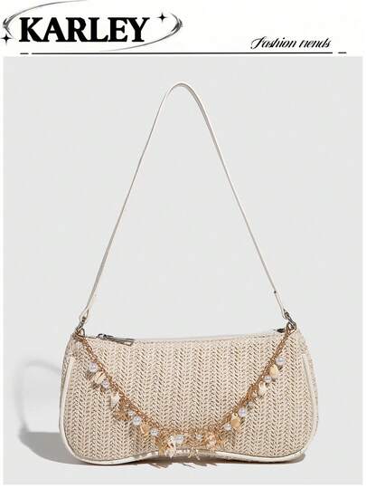 Bolso de moda para mujer, nueva bolsa de paja trenzada de verano, bolsa de estilo de vacaciones en la playa, bolsa de chica Y2K, bolso de hombro y axila, bolso pequeño
