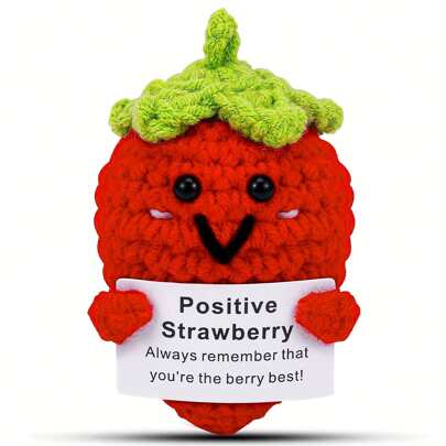 1pc Handmade Positive Strawberry Gift, Crocheted Doll Inspirational Gift With Card, Cute Knitted Funny Strawberry Doll Christmas And New Year Inspirational Gift Party Table Decoration.
