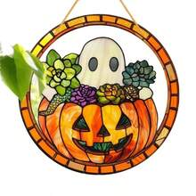 Festive 8 Inch Halloween Stained Glass Window Hanger: Ghost, Pumpkin, And Succulents Decor - Burnt Orange - View 2