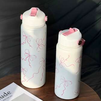 1pc Stylish Pink Ribbon Bow Print Insulated Cup - Available In 600/800/1000ml | 304 Stainless Steel Coffee Mug & Juice Bottle For Hot/Cold Beverages | Perfect For Camping, Picnics, Travel, Gifts, Parties, Afternoon Tea, Office & Daily Use