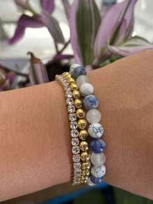 Lapis Lazuli And White Turquoise Handmade Beaded Bracelet For Men And Women For Sleep And Stress Relief, Elastic Homeopathic Insomnia Relief Jewelry Gift - 1 Pc - 藍色 - 查看 5