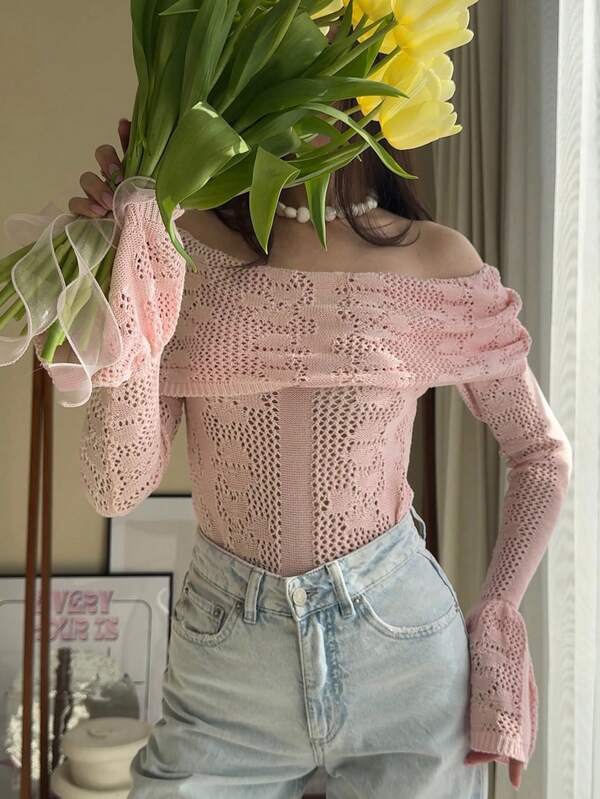 Fall Women Clothes Fashion Casual Vacation Romantic Elegant Openwork Knit Lace Sweater Floral Single Shoulder Flared Sleeve Design Long Sleeve Pullover Outdoor Photo Playing Brunch Outfits For Women, Long Sleeves Sweater Basic Tops, Fall Clothes, Homecoming, Back To School, Casual, Christmas Clothes For Date Night Women, Casual, Women's Winter Clothes, Chic, Brunch Outfits Winter Outfits For Women Pink Sweater