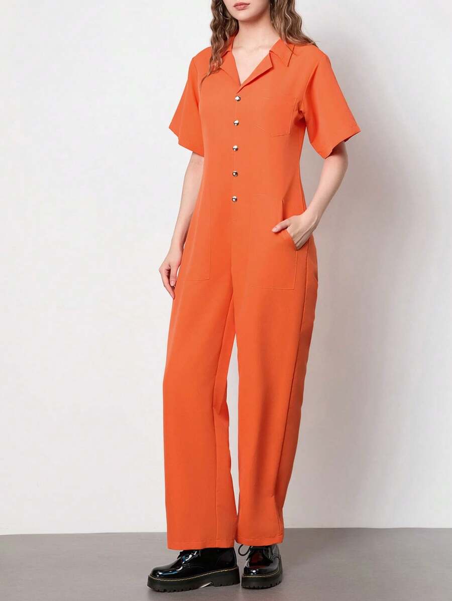Women's Halloween Cosplay Costume, Prisoner Costume, Button Closure Short Sleeve Long Jumpsuit, Role Play Costume - Orange - View 1