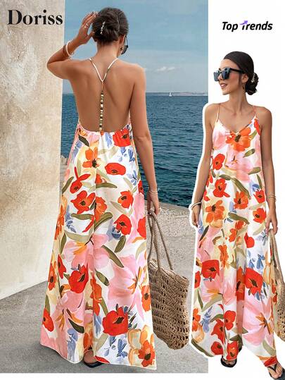 Doriss 女士露背串珠花卉印花度假连衣裙，适合夏季派对，优雅迷人