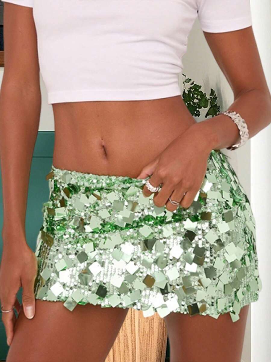 Women Sequin Mini Skirt Sparkly Low Rise Short Bodycon Skirt  Summer Streetwear For Party Club - 淺綠 - 查看 1