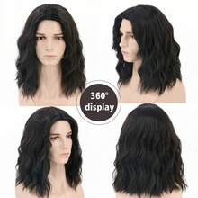 长卷波浪形黑色假发合成耐热角色扮演服装万圣节派对黑色男士假发 - 黑色 - 查看 2