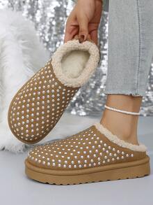女士彩色铆钉装饰，时尚保暖内衬保暖雪地拖鞋，厚底防滑冬鞋，仿保暖内衬雪地靴