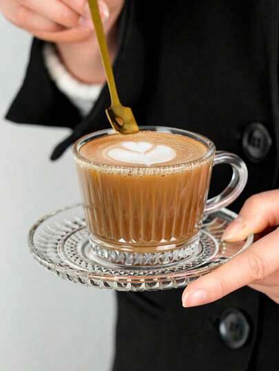 1pc Premium Glass Coffee Cup & Saucer Set, Creative Embossed Striped Textured Cup & Saucer, Elegant Afternoon Tea Cup & Saucer, Household Breakfast Milk Cup