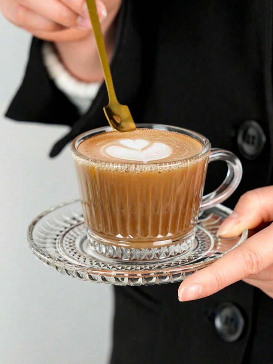 1pc Premium Glass Coffee Cup & Saucer Set, Creative Embossed Striped Textured Cup & Saucer, Elegant Afternoon Tea Cup & Saucer, Household Breakfast Milk Cup - Transparent - View 1