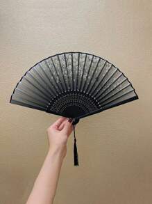 1 件古董折叠竹扇，中式折叠扇，舞蹈扇饰有黑色蝴蝶流苏花卉图案，传统舞蹈扇，手工扇优雅