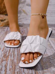 Women's Ruched Square Toe Casual Versatile Flat Sandals - White - View 4
