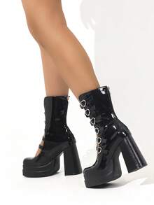 Waterproof High Heel Boots With Square Toe, Chunky Heel And Six Rows Of Hollow Out Heart Buckles Valentines - Black - View 8