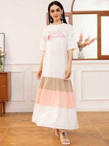 ​Whimsical Vintage Cartoon Print Modest Maxi Dress Color Block Round Neck A-Line Silhouette Lightweight Cotton Feel Women's Vacation Dress​ - 粉色 - 查看 5