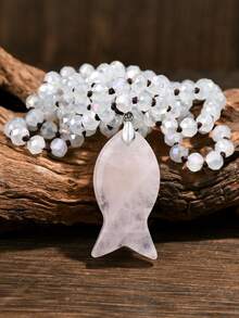 天然虎眼石鱼形吊坠长项链，手工打结水晶串珠波西米亚风格链条，秋冬 - 多色 - 查看 14