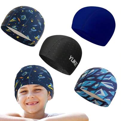 1件/4件男童泳帽沐浴游泳帽中性涤纶游泳泳池帽夏季游泳帽适合男孩女孩幼儿长短发
