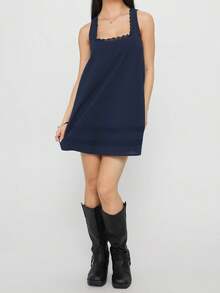 Vestido mini suelto informal de verano para mujer, con encaje y retazos, cuello cuadrado, sin mangas, para fiesta, playa, club, ropa de calle - Azul Marino - Ver 3