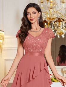 MIUSOL Sequin Floral Lace V-Neck Cap Sleeve Ruffle Trim Layered Hem Chiffon Evening Party Maxi Dress - Dusty Pink - View 8
