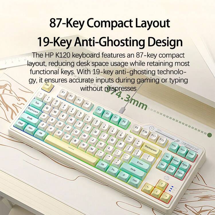 HP Bàn phím K120 Bàn phím chơi game nhỏ gọn 87 phím Công cụ chơi game di động Đèn nền thở nhiều màu Thiết kế chống nước bắn Cảm giác cơ học bền bỉ Phím bấm nhiều màu Xanh sữa - Sữa Xanh - Xem 2