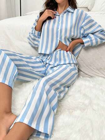 Nina Bonheur 条纹睡衣套装（两件套），长袖上衣和长裤，可爱家居服，舒适套装，秋冬服装