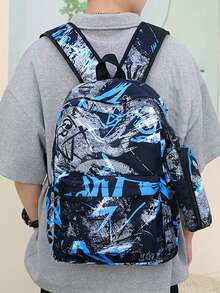 男士新款涂鸦运动休闲旅行组合背包、斜挎包、小包 - 彩色 - 查看 9