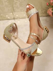 1 Đôi giày cao gót thấp thời trang dự tiệc công chúa thanh lịch dành cho thiếu niên, thích hợp mặc ngoài trời mùa hè - Vàng - Xem 1