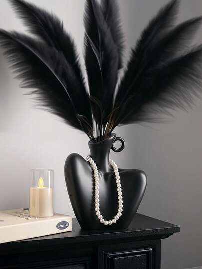 1pc Modern Faux Ceramic Plastic Vase With Pampas Artificial Flowers, Nordic Style Decorated Graceful Curved Shape Waterproof Lightweight, Home Decor Centerpiece For Living Room Table Wedding Party Decor, Artificial Flower Arrangement Room Decor Flower Vase Glass Vase