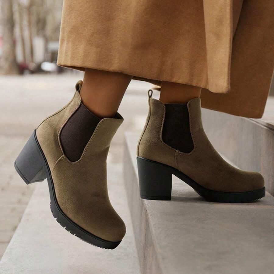 Women's Chunky Heel Chelsea Boots 3-Inch Block Heel, Non-Slip Lug Sole, Faux Suede & Vegan Leather, Comfortable Ankle Boots For Fall And Winter - 摩卡棕 - 查看 1