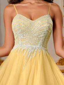 VIPGIRL 闪亮黄色亮片束身网纱礼服，迷人吊带正式晚礼服，高开衩长款派对礼服，尽显奢华优雅，优美长裙 - 黃色 - 查看 10