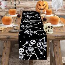 1/25pcs Halloween Themed Skull Black Table Runner, Kitchen Dining Table Decor, Fun Holiday Indoor Outdoor Home Decoration Party Supplies, Halloween Party Favors, Holiday Gifts, Room Decor, Tabletop Decor