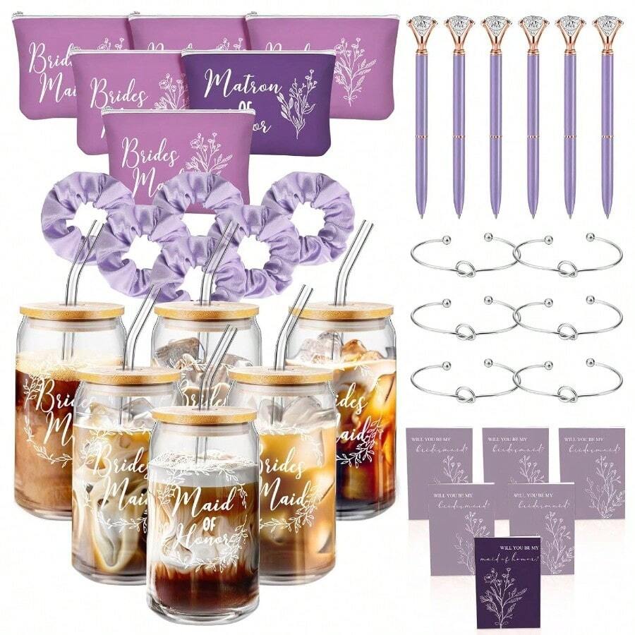 36 Pcs Bridesmaid Proposal Gifts Ill You Be Y Bridesmaid Set Of 6 Include 6 Oz Bridesmaids Aid Glass Cup Cosmetic Bags Cards Scrunchies Hair Knotted Bralets Pens For Edding(Rose Gold) - 紫色 - 查看 1