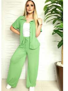 ✨ CONJUNTO 2 PIEZAS: BLUSA MANGA CORTA + PANTALÓN ✨ ¡Estilo, comodidad y elegancia en una sola prenda! - Verde Lima - Ver 1