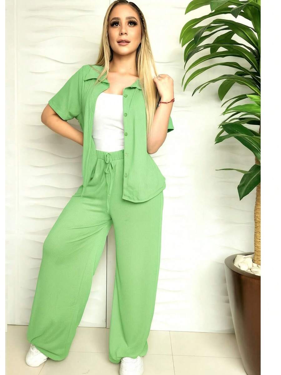 ✨ CONJUNTO 2 PIEZAS: BLUSA MANGA CORTA + PANTALÓN ✨ ¡Estilo, comodidad y elegancia en una sola prenda! - Verde Lima - Ver 1