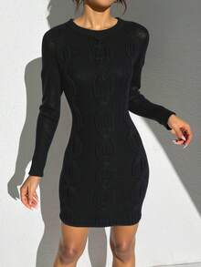 Vestido de punto  Liso  Rombos    Casual  Elegante    Tejido similar a la lana    Trenzado  Canalé    Noche de fiesta  Casa  Oficina  Tener una cita    otoño/invierno - Negro - Ver 1