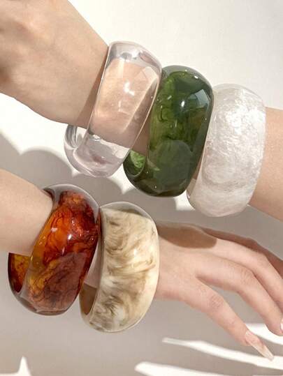 1pc Oval Wide Geometric Arc Resin Tie Dye Coffee Color Bracelet, Retro Fashion Women Bracelet