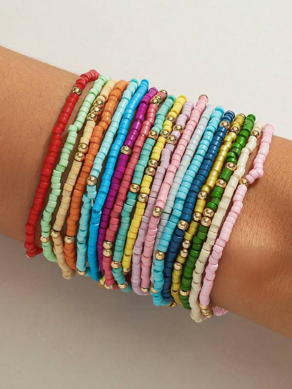 19pcs Colorful Glass Bead Stretch Bracelets, Boho Style Handmade Beaded Bracelets For Women (CCB Seed Beads, Random Color)