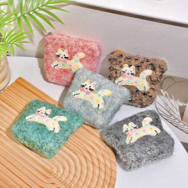 Cute Cat With Colorful Polka Dots Soft & Fluffy Fabric Coin Purse, Daily Small Items Storage For Coins, Earphones, Hair Clips