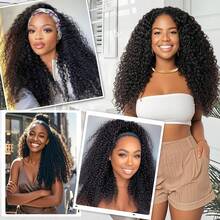 Jerry Curly Half Wig Human Hair 200 Density 3 In 1 Seamless Flip Over Half Wigs Human Hair Glueless Wear And Go Beginner Friendly Kinky Curly Wig Human Hair Drawstring Headband Wig For Women 20 Inch - Natural Black - 查看 9