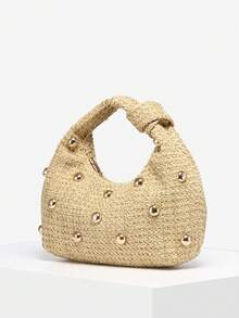 1 件女士复古休闲安哥拉绒面革豹纹波西米亚镂空钩针贝壳仿皮单肩包/腋下法棍包，适合外出、约会、通勤 - 杏色 - 查看 2