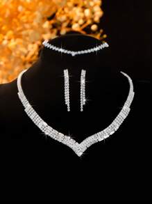 4 件奢华锆石镶嵌项链、耳环和手链首饰套装，适合女性日常通勤、校园约会、婚礼派对、情人节节日礼物 - 精緻百搭項鍊套裝 - 查看 6