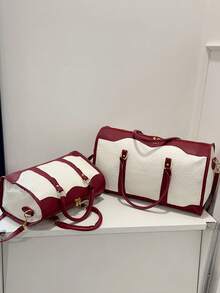 1pc Canvas Contrast Color Patchwork Fashion Duffle Bag,UnisexTravel Luggage,Suitable For Overnight Stay, Commuting,Short-Distance Travel(Small Size Fo R Commuting,Large Size For Short-Trip) Travel Essentials Holiday Vacation Luggage Suitcase Travel Bag For Women - Burgundy - View 10