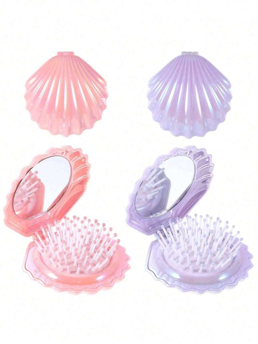 1 件闪亮金属可折叠旅行发刷带镜子，便携式贝壳形按摩紧凑梳 - 男女通用小口袋发刷（迷你旅行必备），美发套装，美发工具套装，发饰，美发工具